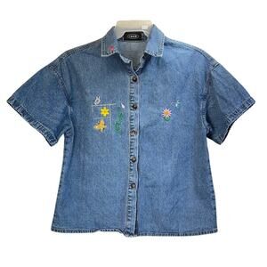 CIDER Womens L Blue Jean Embroidery Button Up Shirt Jacket Casual Wear